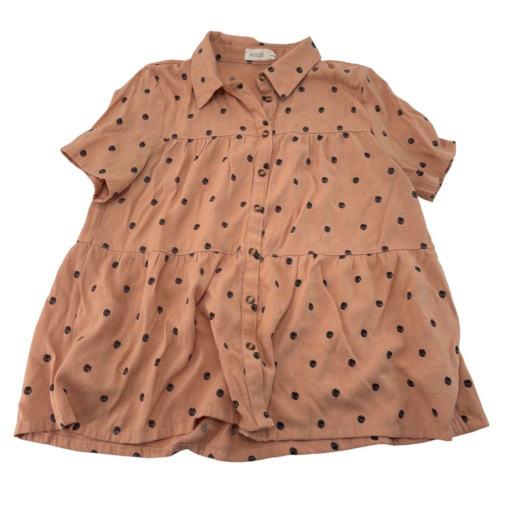 Roolee Women Peach Polka Dot Tiered Babydoll Button Down Blouse Small 3264